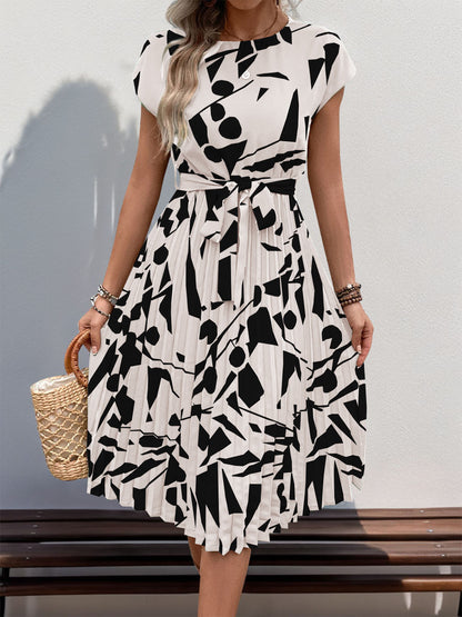 Floral Dress for Women Wedding Guest Crewneck Short Sleeve Casual Summer Dress Tie Waist Midi Flowy Boho Beach Dresses