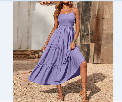 Women's Summer Midi Dress 2025 Casual Boho Sleeveless Spaghetti Strap Smocked Tiered Long Beach Sundresses