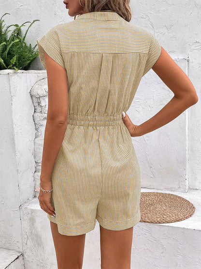 Womens Striped Shorts Romper Dressy Button V Neck Jumpsuits Comfy Business Work Overalls One Piece Jumpsuit w/Pockets