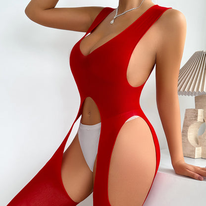 New Sexy Halter Neck Rhinestone Embroidered Hollow Out See-through One-piece No Need to Take Off Crotchless Mesh Dress9036Z