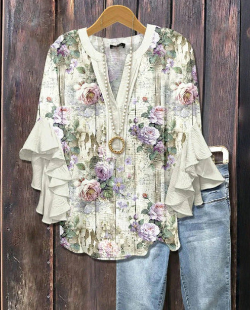 Retro Floral Print Layered Ruffle Sleeve Top Going Outfits Blouses Women Vintage 90s Tops Funny Shirts Women Elegant Classy Tops cute summer outfit
