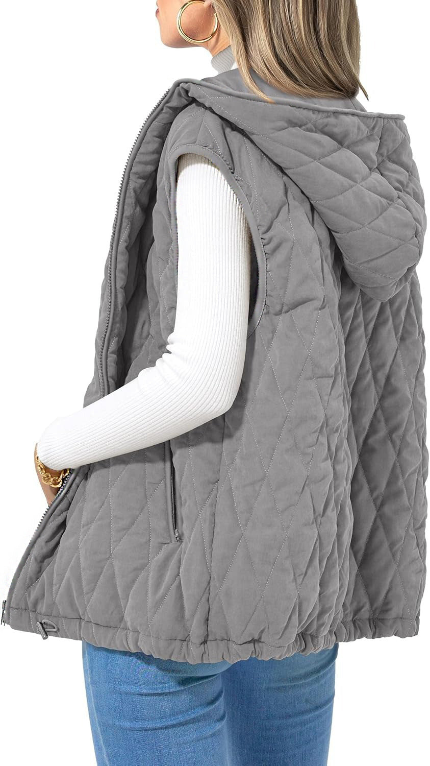 Women's Quilted Vest Casual Sleeveless Hooded Zip Up Diamond pattern Jacket With Pockets Winter Coat Outerwear Minimalist Top - Seldom Seen Styles