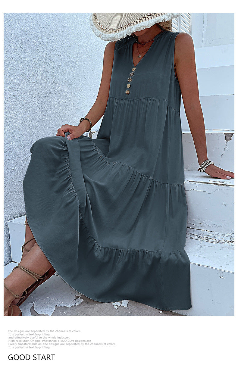 Summer Flowy Maxi Dress with Pockets Sleeveless Loose Casual Sundress V-Neck Tiered Sun Dress for Beach Cruise Vacations