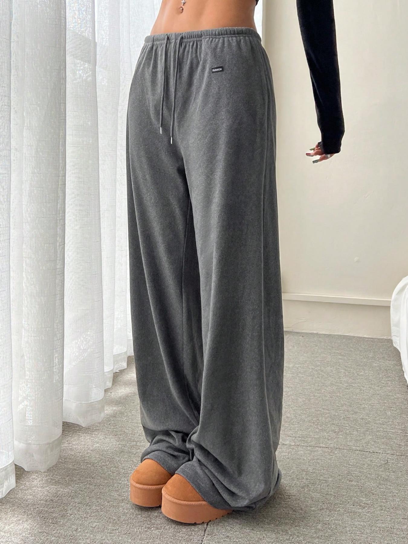 Women's Solid Drawstring Waist Fleece Sweatpants, Loose Casual Comfy Pants for Daily Wear, Going Out Bottoms, Ladies Fall & Winter Trousers, Baggy Pants, Casual Fashion Pants, Casual Chic Trousers - Seldom Seen Styles