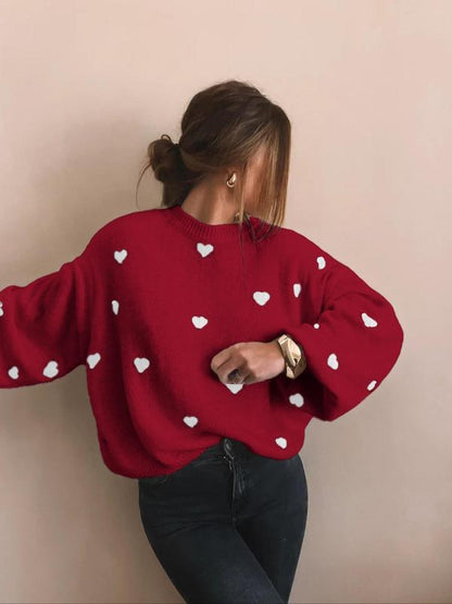 Women's All Over Heart Print Drop Shoulder Sweater, Casual Long Sleeve Round Neck Jumper for Fall & Winter, Fashion Ladies' Knitwear for Daily Wear - Seldom Seen Styles