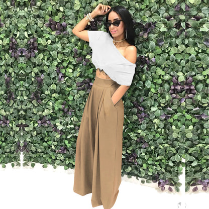 Women's Plain Plicated Pocket Wide Leg Pants, Casual Comfy High Waist Trousers for Summer, Ladies Bottoms for Daily Wear - Seldom Seen Styles