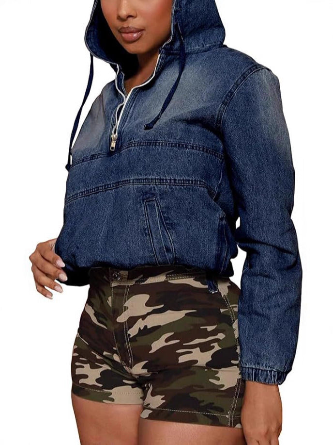 Trendy Women’s Quarter Zip Pullover Hoodie Denim Hooded Shirt – Casual Chic Streetwear Top - Seldom Seen Styles
