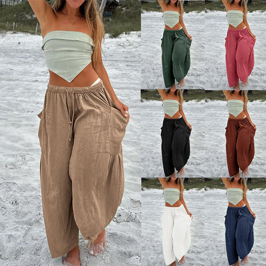Linen Blend Drawstring Waist Pocketed Loose Pants Casual Simplicity Pocket Loose Mid Waist Wide Leg Solid Color Bottoms - Seldom Seen Styles