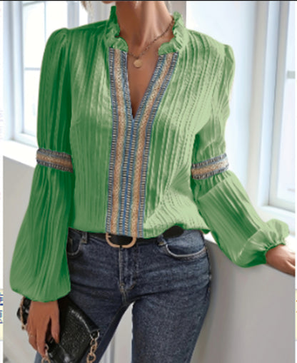 Women’s Lace Trim V Neck Lantern Long Sleeve Blouses Oversized Dressy Casual Loose Fit Business Work Shirts Tops - Seldom Seen Styles