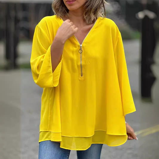 Womens V-Neck Lantern Sleeve Blouse Zipper Design Loose Casual Top Shirts - Seldom Seen Styles