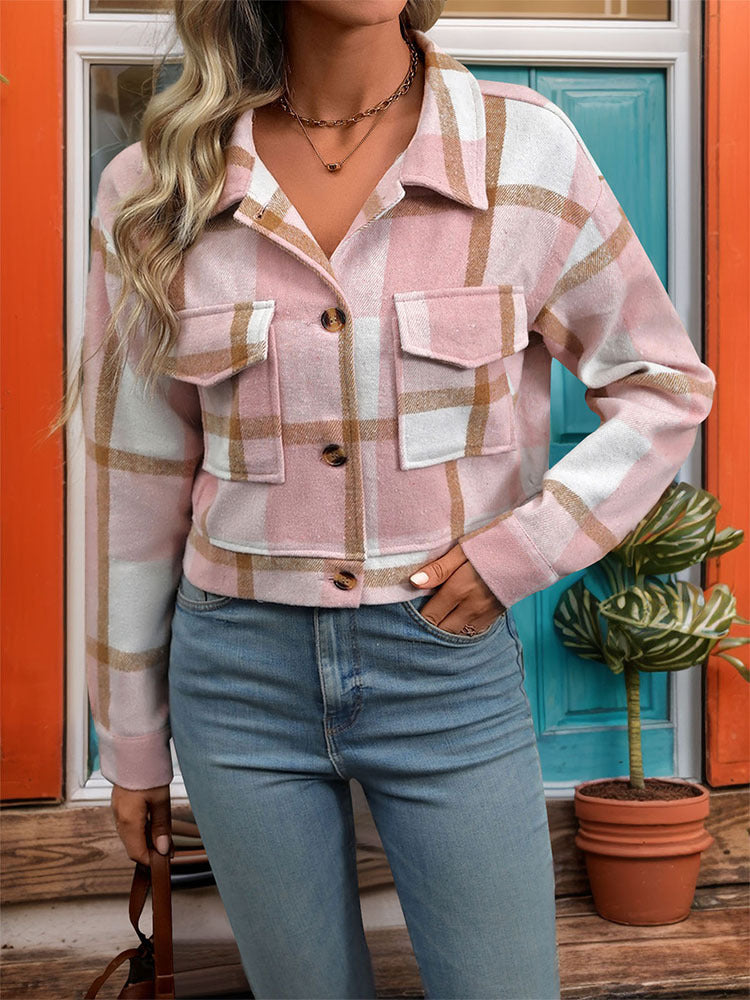 Women's Flannel Cropped Plaid Shacket Jacket Button Down Long Sleeve Shirts Tops