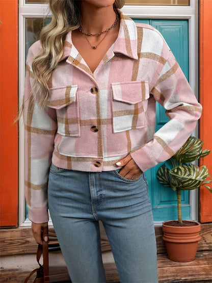 Women's Flannel Cropped Plaid Shacket Jacket Button Down Long Sleeve Shirts Tops