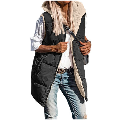 Women's Warm Reversible Vests Sleeveless Fleece Basic Jacket Zip Up Coat Long Outerwear With Pockets And Hoodie Casual Outfit#Hoodieing - Seldom Seen Styles