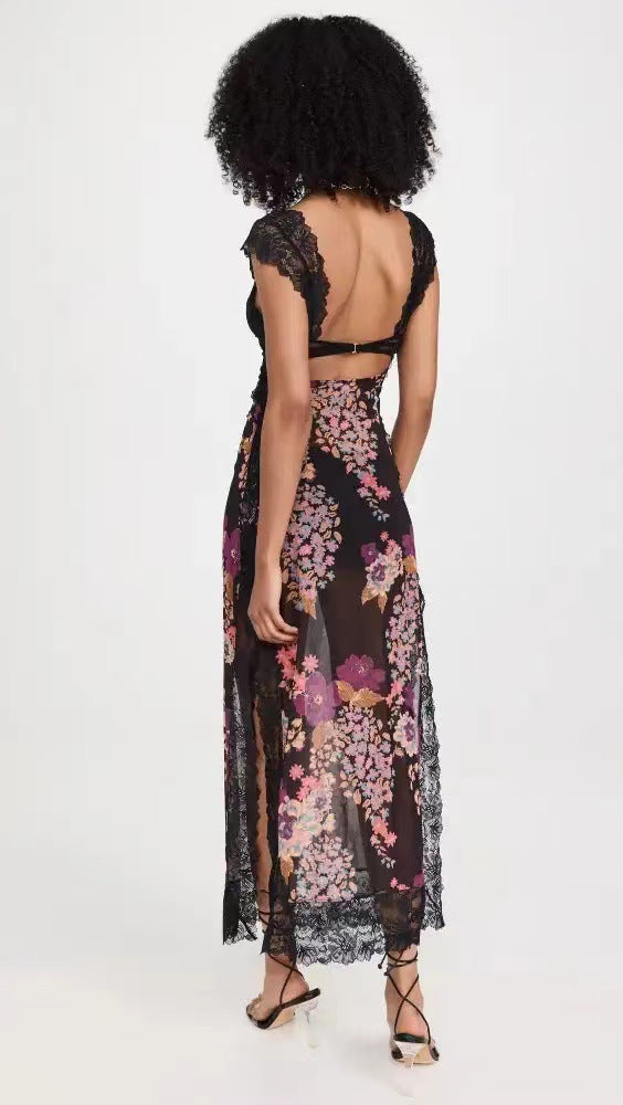 Suddenly Fine Maxi Slip Lace Backless Strap Splicing Slit Floral Long Dress Women's Fashion