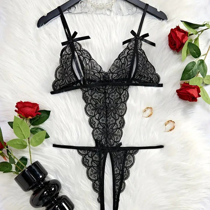 Women's Sexy Lace Lingerie Bodysuit - Adjustable Halter One-Piece Teddy Lingerie Crotchless with Sheer Mesh - Seldom Seen Styles