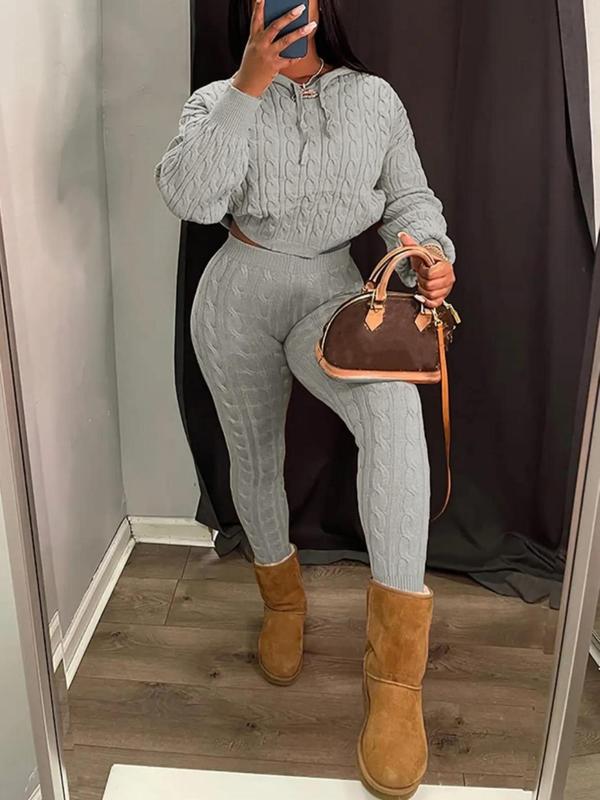 Women's Minimalist Textured Long Sleeve Crop Hooded Sweater & High Waist Skinny Pants Set, Casual Cozy Lady Knitwear Outfits Suits, Basic Womenswear - Seldom Seen Styles