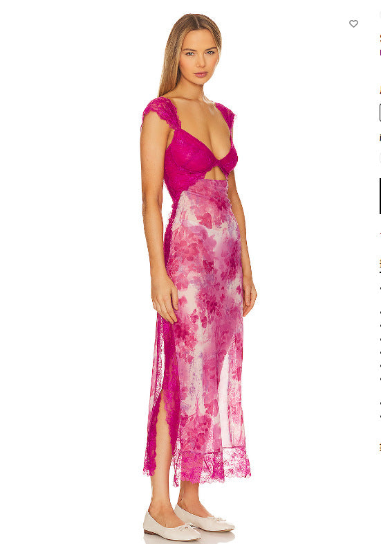 Suddenly Fine Maxi Slip Lace Backless Strap Splicing Slit Floral Long Dress Women's Fashion