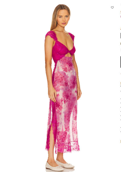 Suddenly Fine Maxi Slip Lace Backless Strap Splicing Slit Floral Long Dress Women's Fashion