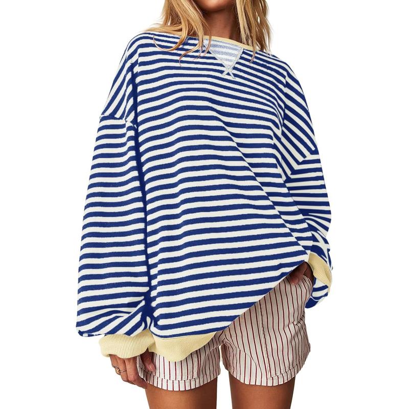 【Up To 3XL】Fisace Christmas Womenswear Striped Oversized Sweatshirt Color Block Crew Neck Long Sleeve Shirt Casual Loose Pullover Top Y2K Clothes back to school - Seldom Seen Styles