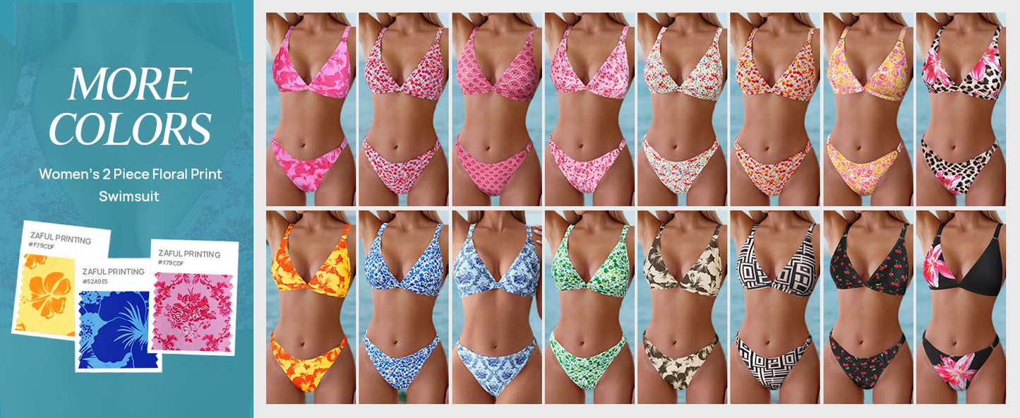 Women's 2 Piece Floral Print Swimsuit Triangle String High Cut Bikini Sets Bathing Suit