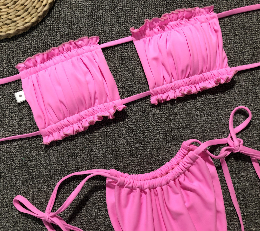 Women 2 Piece Strapless Bikini Swimsuits Ruffle Ribbed Self Tie Bandeau Bikini Set High Cut String Bathing Suits