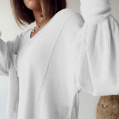 Women's Casual Basic V-Neck Ribbed Knitted Shirts Pullover Tunic Tops Loose Balloon Sleeve Blouses Top - Seldom Seen Styles