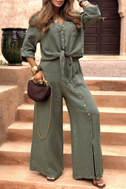 Women's Lapel Slit Button Cotton and Linen Casual Suit - Seldom Seen Styles