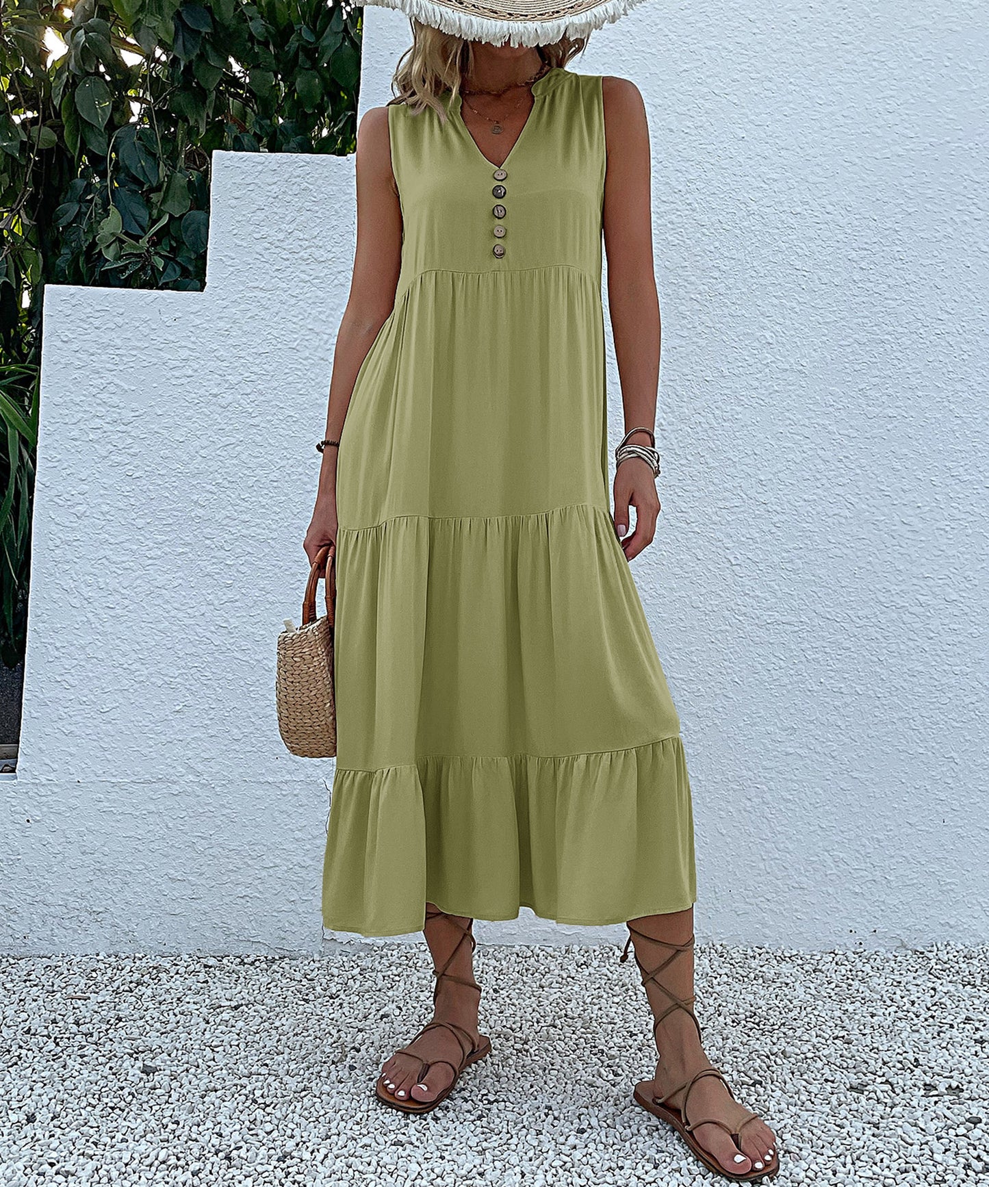 Summer Flowy Maxi Dress with Pockets Sleeveless Loose Casual Sundress V-Neck Tiered Sun Dress for Beach Cruise Vacations