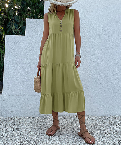 Summer Flowy Maxi Dress with Pockets Sleeveless Loose Casual Sundress V-Neck Tiered Sun Dress for Beach Cruise Vacations