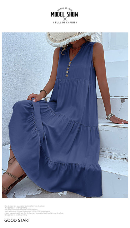 Summer Flowy Maxi Dress with Pockets Sleeveless Loose Casual Sundress V-Neck Tiered Sun Dress for Beach Cruise Vacations