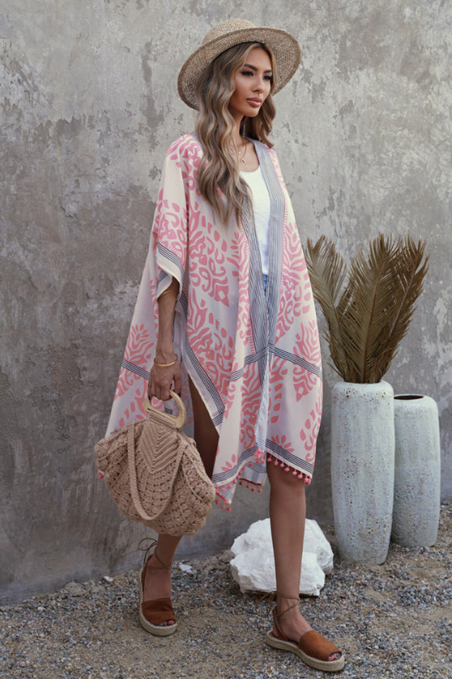 Seaside Resort Cardigan Printed Pompom Kimono - Seldom Seen Styles
