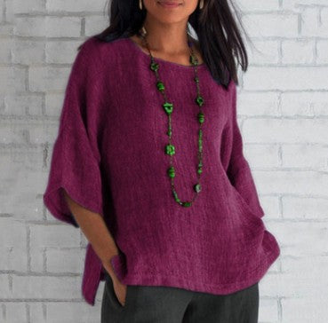 Womens Cotton Linen 3/4 Sleeve Casual Loose Top Crew Neck Shirt Spring Summer Oversized Solid Color Blouses for Women 2024 - Seldom Seen Styles