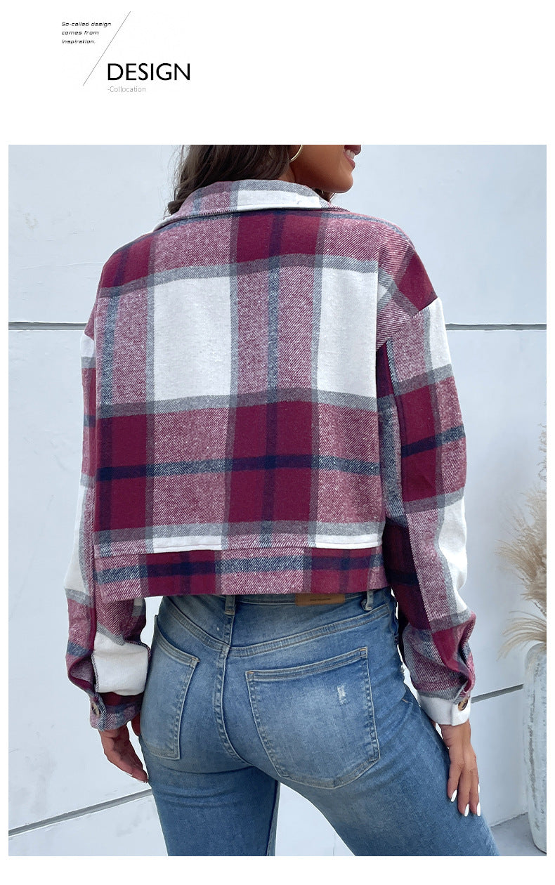 Women's Flannel Cropped Plaid Shacket Jacket Button Down Long Sleeve Shirts Tops