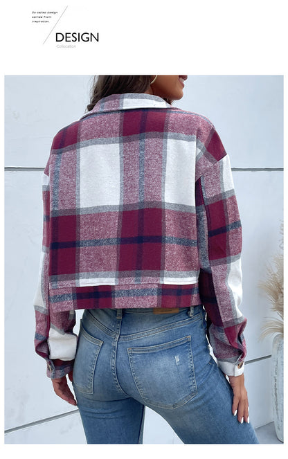 Women's Flannel Cropped Plaid Shacket Jacket Button Down Long Sleeve Shirts Tops