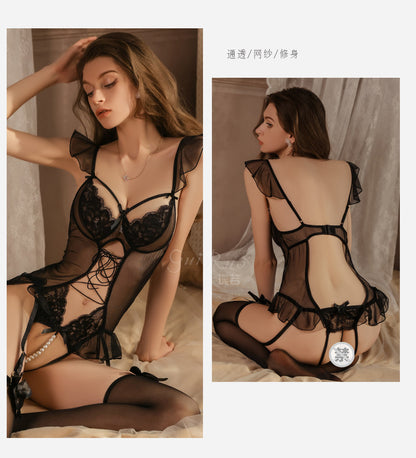 Gorgeous Sexy Mesh Slim-Fit Tie-Up Bodysuit Open-Crotch Temptation Pure Desire Erotic Lingerie Uniform Set - Seldom Seen Styles