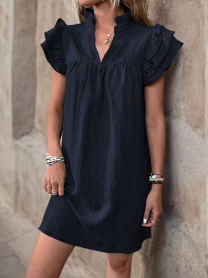 Women's Cap Sleeve Ruffle Trim Mini Dress Ruched Notched Neck Casual Basic Straight Dresses