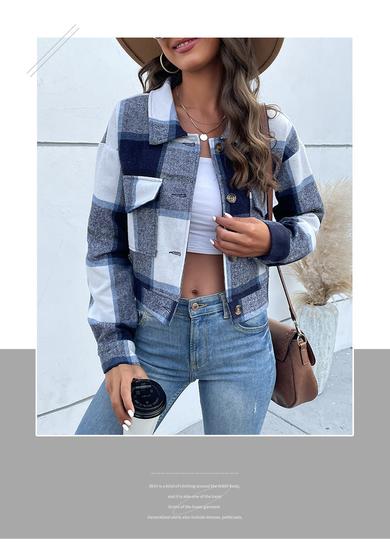 Women's Flannel Cropped Plaid Shacket Jacket Button Down Long Sleeve Shirts Tops