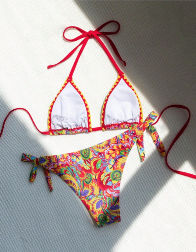 Women's Bikini Sets 2 Piece Halter Triangle Allover Print Swimsuit Set Boho Knot Side Bathing Suit Set