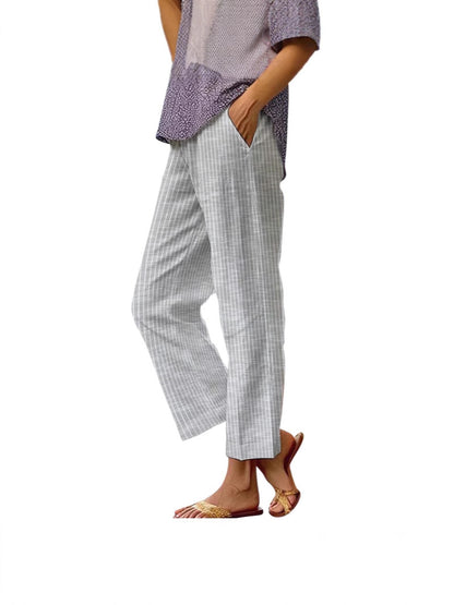 Women's Linen Pants, Side Stripe, Elastic Waist, Straight Leg, Summer Beach Vacation - Seldom Seen Styles