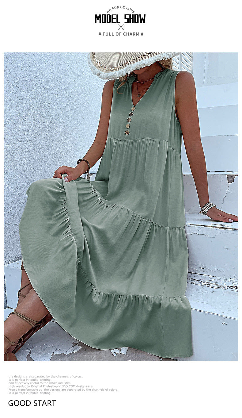 Summer Flowy Maxi Dress with Pockets Sleeveless Loose Casual Sundress V-Neck Tiered Sun Dress for Beach Cruise Vacations