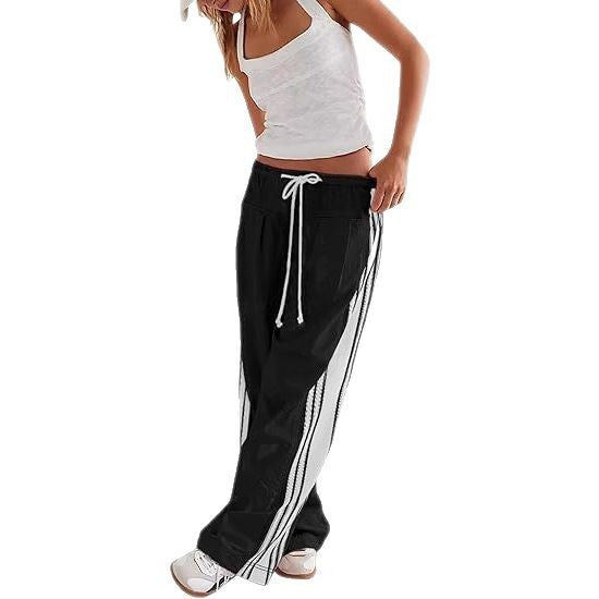 Women Y2k Track Pants Side Striped Wide Leg Baggy Pants Casual Drawstring Waist Parachute Sweatpants Streetwear - Seldom Seen Styles