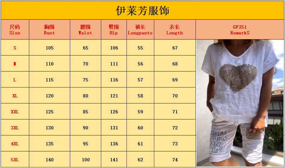 Linen Outfits Women 2 Piece Heart Sequins V-Neck Short Sleeve Top Loose Knee Length Pants 2025 Casual Set - Seldom Seen Styles