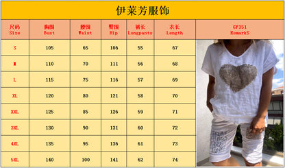 Linen Outfits Women 2 Piece Heart Sequins V-Neck Short Sleeve Top Loose Knee Length Pants 2025 Casual Set - Seldom Seen Styles