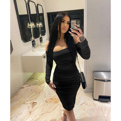 Women's Sexy Elegant Ruffle Long Sleeve Off Shoulder Ruched Party Mini Dress Fabric Formal Fabric Formal - Seldom Seen Styles