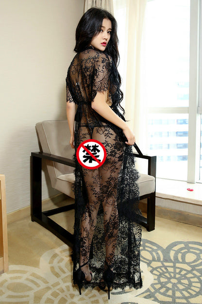 Leg Avenue Women's 2 Pc Eyelash Lace Long Kaftan Robe - Seldom Seen Styles