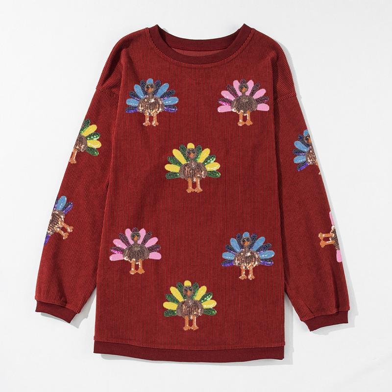 Women's Thanksgiving Sweatshirt with Sequin Turkey Graphic Corded Baggy Long Sleeve Winteroutfit Round Neck Casual Tops for Comfortable Wear - Seldom Seen Styles