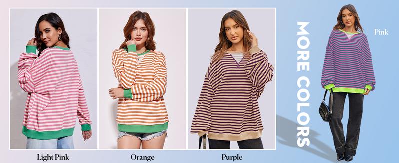 【Up To 3XL】Fisace Christmas Womenswear Striped Oversized Sweatshirt Color Block Crew Neck Long Sleeve Shirt Casual Loose Pullover Top Y2K Clothes back to school - Seldom Seen Styles