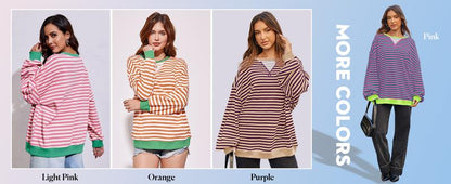 【Up To 3XL】Fisace Christmas Womenswear Striped Oversized Sweatshirt Color Block Crew Neck Long Sleeve Shirt Casual Loose Pullover Top Y2K Clothes back to school - Seldom Seen Styles