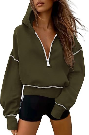 Women's Hooded Sweatshirts Long Sleeve Half Zip Cropped Hoodie Pullover Gold Zipper With Stitching Detail Winter Fashion Clothes - Seldom Seen Styles