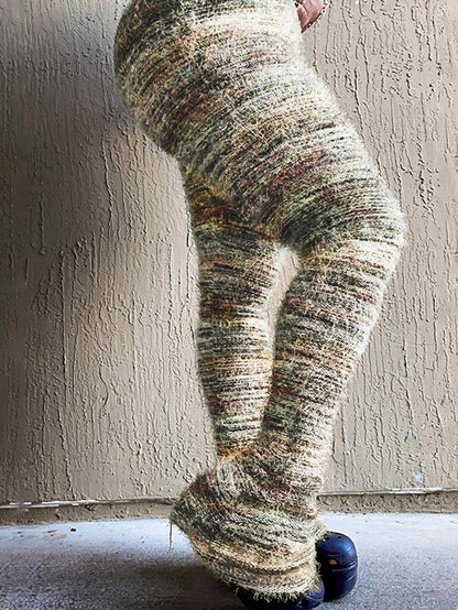 Women's Striped Print Flare Leg Fuzzy Sweater Pants, Casual Street Comfy Knit Bell Bottom Trousers For Fall & Winter, Women's Knitwear For Daily Wear - Seldom Seen Styles